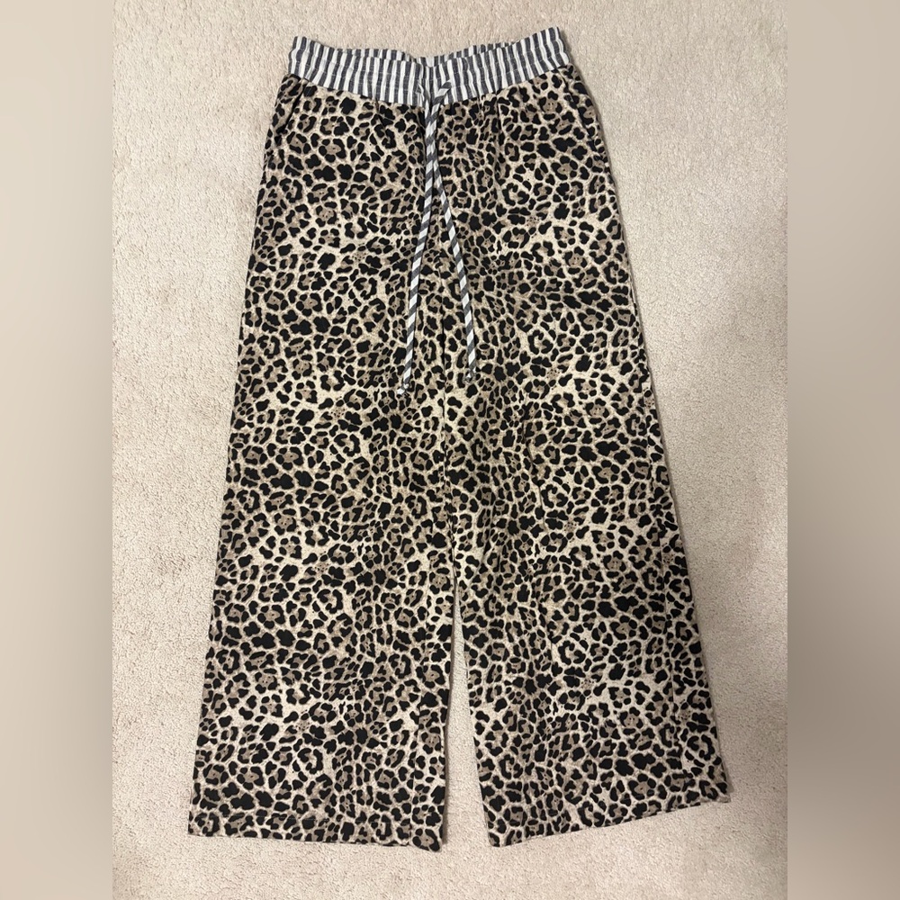 Leopard Print Wide Leg Pants with Striped Waist